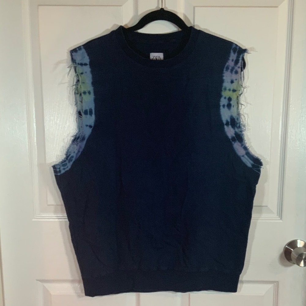 Zara Tie Dye Sleeveless Navy Sweatshirt Boho Top Size Medium